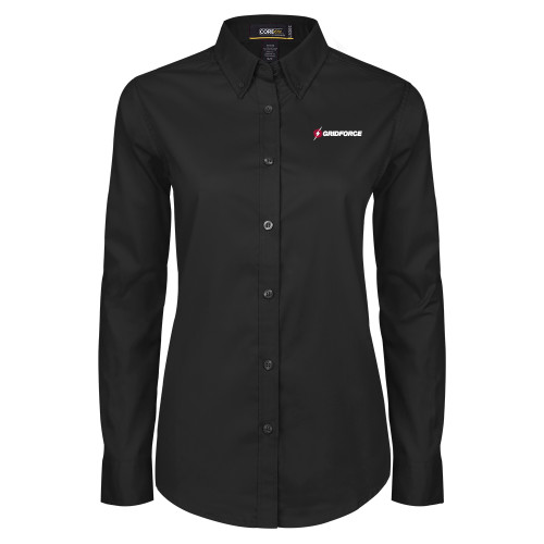 Womens Black Twill Button Down Long Sleeve -Gridforce
