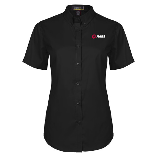 Womens Black Twill Button Up Short Sleeve-NAES