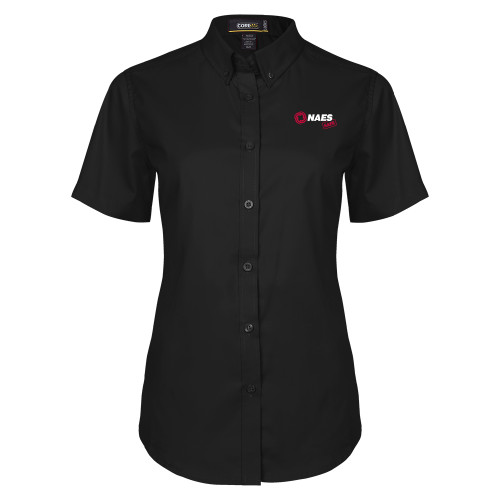 Womens Black Twill Button Up Short Sleeve-NAES Safe