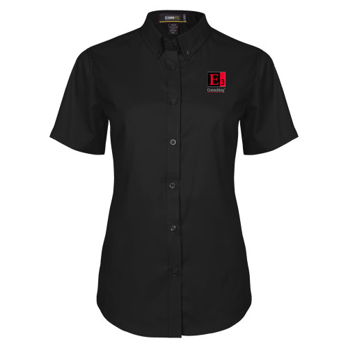 Womens Black Twill Button Up Short Sleeve-E3 Consulting