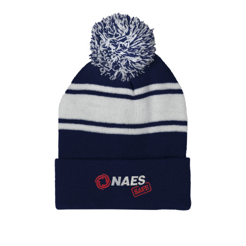 Navy/White Two Tone Knit Pom Beanie w/Cuff-NAES Safe