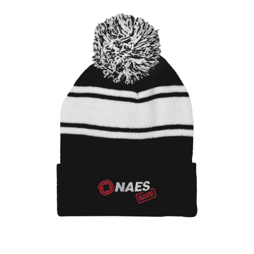 Black/White Two Tone Knit Pom Beanie w/Cuff-NAES Safe