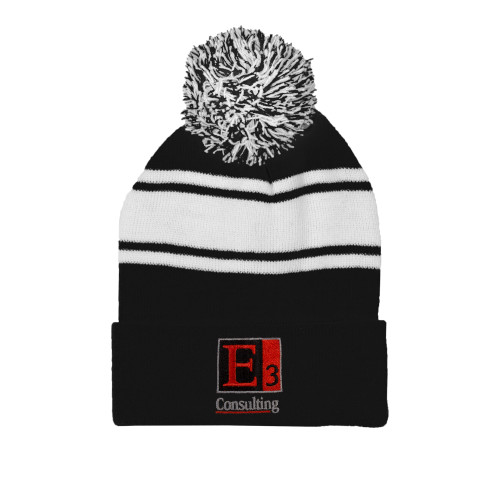 Black/White Two Tone Knit Pom Beanie w/Cuff-E3 Consulting