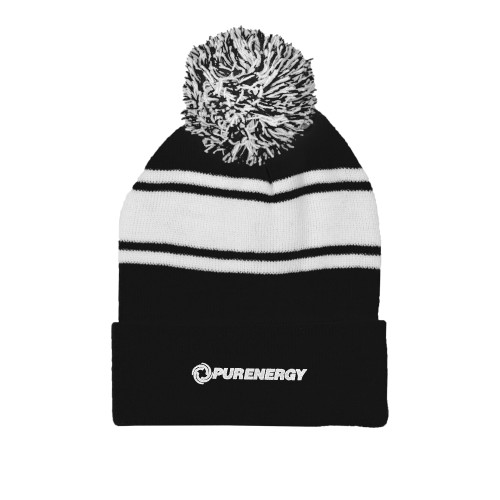 Black/White Two Tone Knit Pom Beanie w/Cuff-PurEnergy