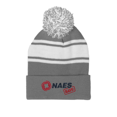 Grey/White Two Tone Knit Pom Beanie w/Cuff-NAES Safe