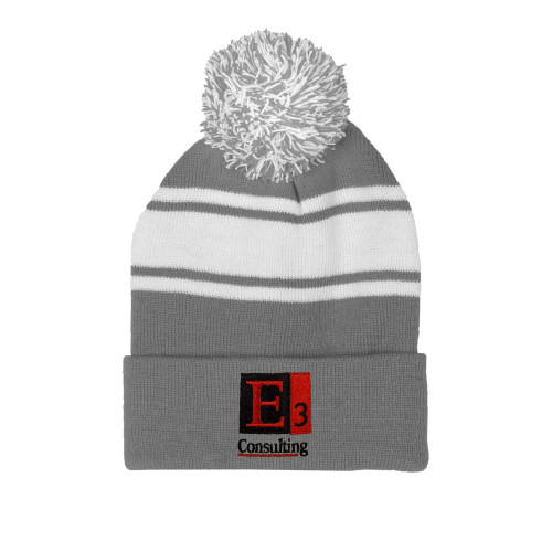 Grey/White Two Tone Knit Pom Beanie w/Cuff-E3 Consulting