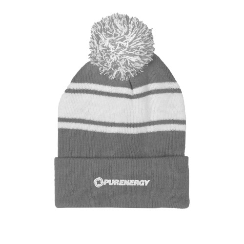 Grey/White Two Tone Knit Pom Beanie w/Cuff-PurEnergy
