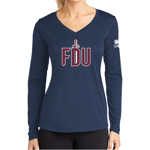 Womens Navy Performance Long Sleeve V Neck Shirt-NEC FDU with Sword