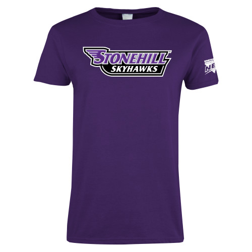 Womens Purple Short Sleeve Tee-NEC Stonehill Skyhawks Wordmark