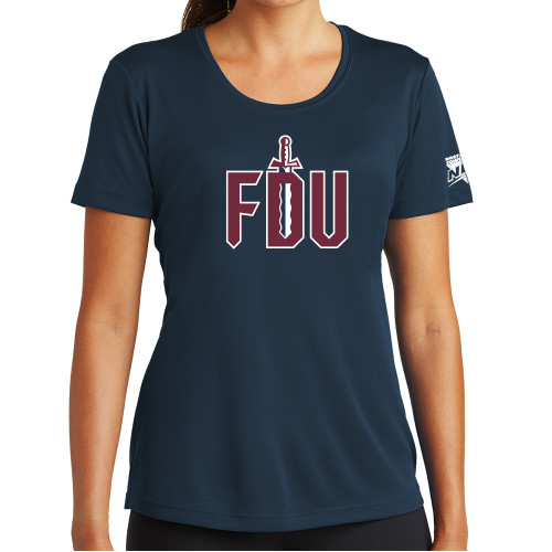 Womens Navy Performance Tee-NEC FDU with Sword