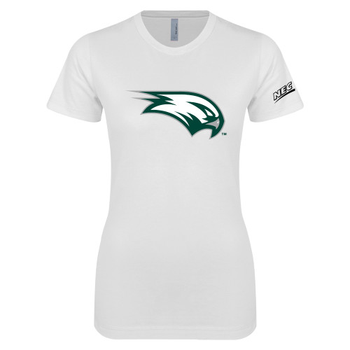 Next Level Womens White Boyfriend Tee-Northeast Conference Wagner College Mascot Mark