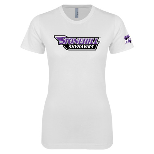 Next Level Womens White Boyfriend Tee-NEC Stonehill Skyhawks Wordmark