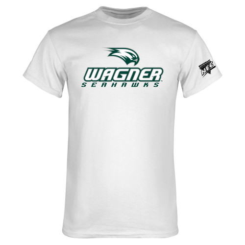 White T Shirt-Northeast Conference Wagner College Wagner Seahawks Stacked Mark