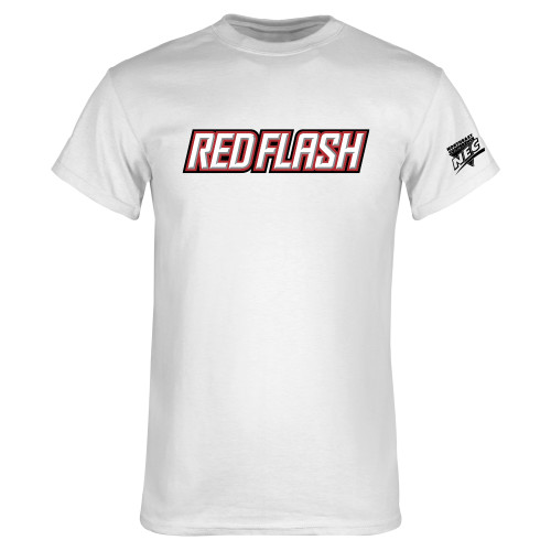 White T Shirt-Northeast Conference Saint Francis University Red Flash Wordmark