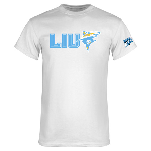 White T Shirt-Northeast Conference Long Island University LIU with Mascot Flat
