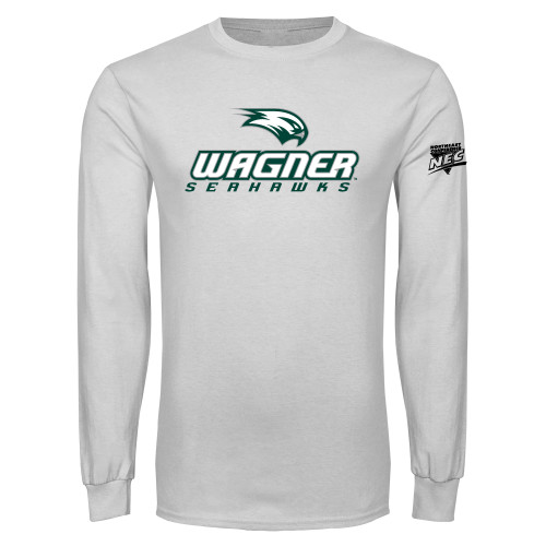 White Long Sleeve T Shirt-Northeast Conference Wagner College Wagner Seahawks Stacked Mark