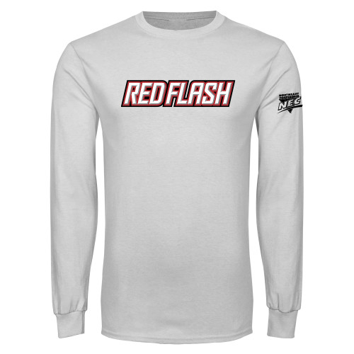 White Long Sleeve T Shirt-Northeast Conference Saint Francis University Red Flash Wordmark