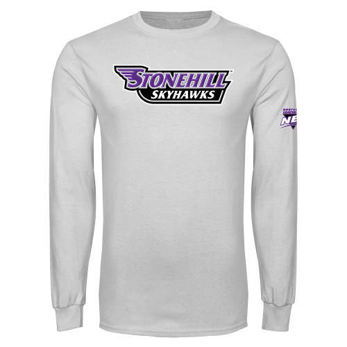 White Long Sleeve T Shirt-NEC Stonehill Skyhawks Wordmark