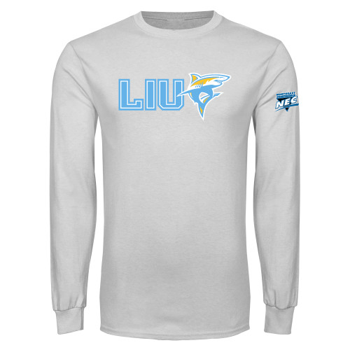 White Long Sleeve T Shirt-Northeast Conference Long Island University LIU with Mascot Flat