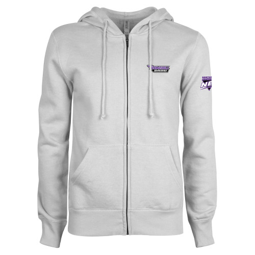 ENZA Womens White Fleece Full Zip Hoodie-NEC Stonehill Skyhawks Wordmark