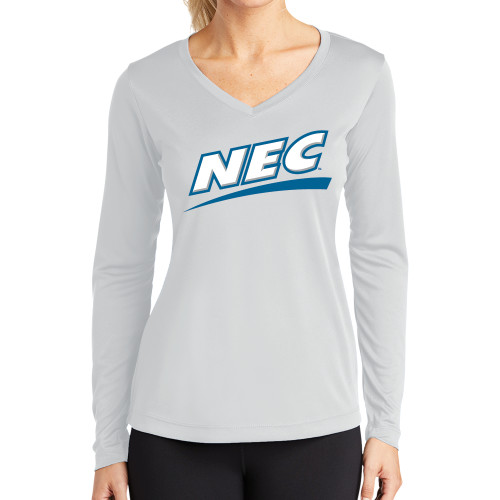 Womens White Performance Long Sleeve V Neck Shirt-Northeast Conference NEC Flat Mark