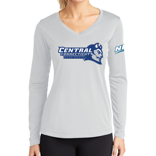 Womens White Performance Long Sleeve V Neck Shirt-Northeast Conference Central Connecticut Primary Mark