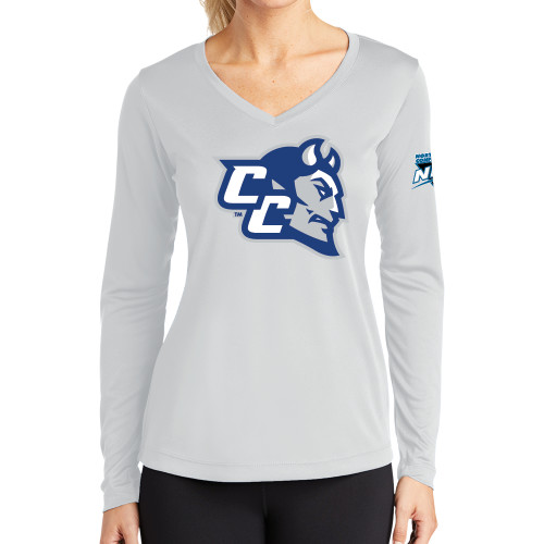 Womens White Performance Long Sleeve V Neck Shirt-Northeast Conference Central Connecticut CC Mascot Mark