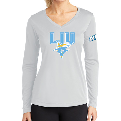 Womens White Performance Long Sleeve V Neck Shirt-Northeast Conference Long Island University Primary Mark