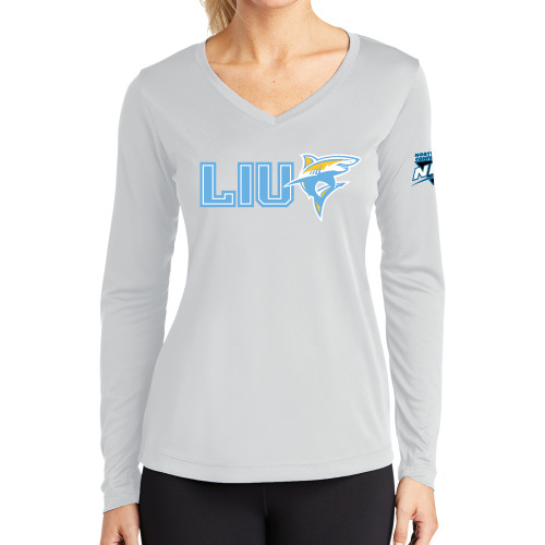 Womens White Performance Long Sleeve V Neck Shirt-Northeast Conference Long Island University LIU with Mascot Flat