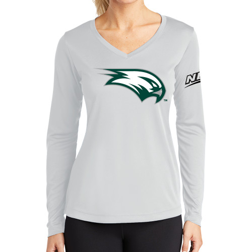 Womens White Performance Long Sleeve V Neck Shirt-Northeast Conference Wagner College Mascot Mark