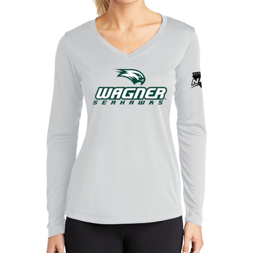 Womens White Performance Long Sleeve V Neck Shirt-Northeast Conference Wagner College Wagner Seahawks Stacked Mark