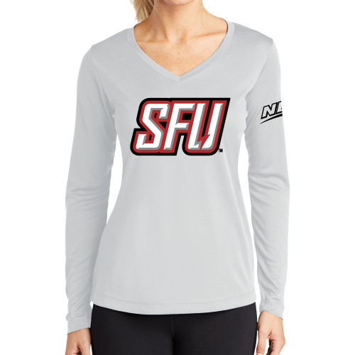 Womens White Performance Long Sleeve V Neck Shirt-Northeast Conference Saint Francis University Primary Mark