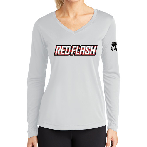 Womens White Performance Long Sleeve V Neck Shirt-Northeast Conference Saint Francis University Red Flash Wordmark