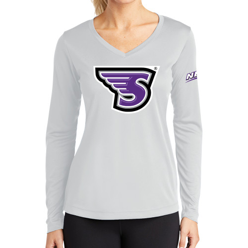 Womens White Performance Long Sleeve V Neck Shirt-NEC Stonehill S