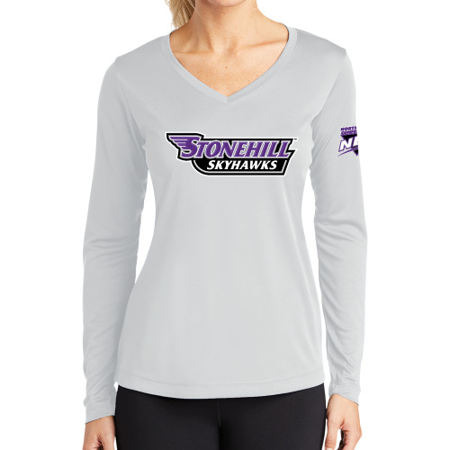 Womens White Performance Long Sleeve V Neck Shirt-NEC Stonehill Skyhawks Wordmark