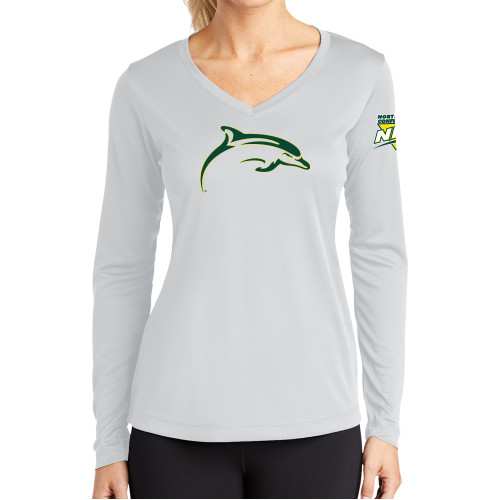 Womens White Performance Long Sleeve V Neck Shirt-NEC Le Moyne Dolphins Mascot Icon