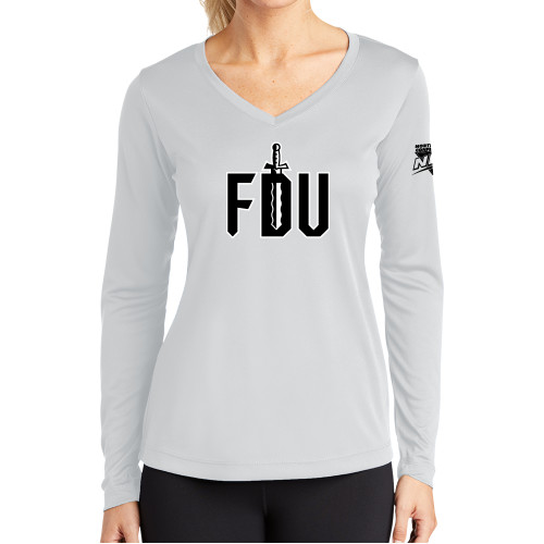 Womens White Performance Long Sleeve V Neck Shirt-NEC FDU with Sword