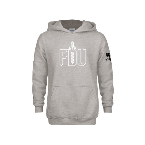 Youth Grey Fleece Hood-NEC FDU with Sword