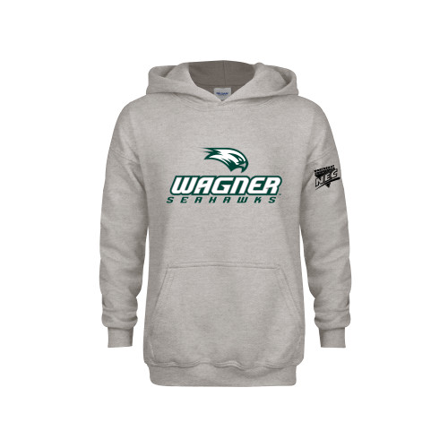 Youth Grey Fleece Hood-Northeast Conference Wagner College Wagner Seahawks Stacked Mark