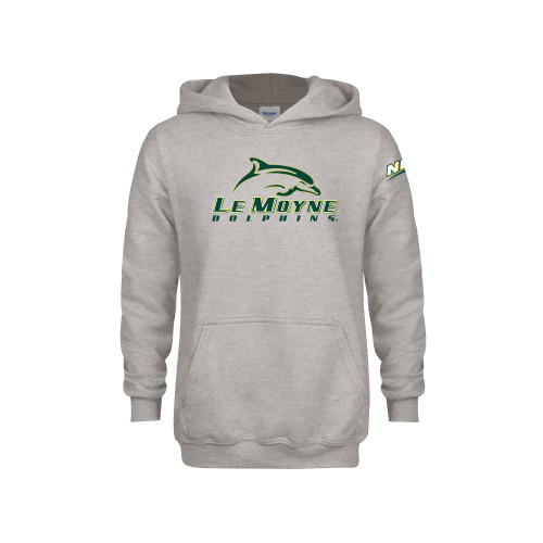 Youth Grey Fleece Hood-NEC Le Moyne Dolphins Primary Mark