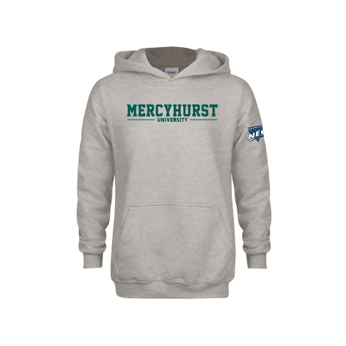Youth Grey Fleece Hood-Mercyhurst University Wordmark