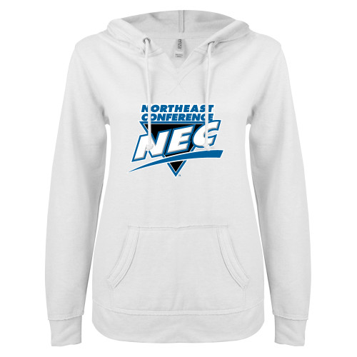 ENZA Womens White V Notch Raw Edge Fleece Hoodie-Northeast Conference NEC Full Mark