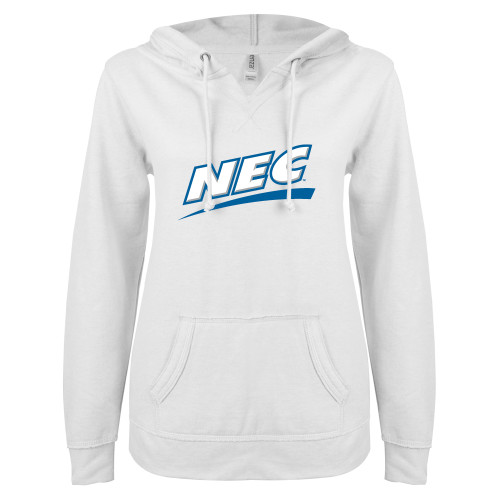 ENZA Womens White V Notch Raw Edge Fleece Hoodie-Northeast Conference NEC Flat Mark