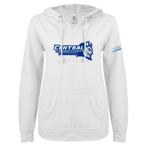 ENZA Womens White V Notch Raw Edge Fleece Hoodie-Northeast Conference Central Connecticut Primary Mark