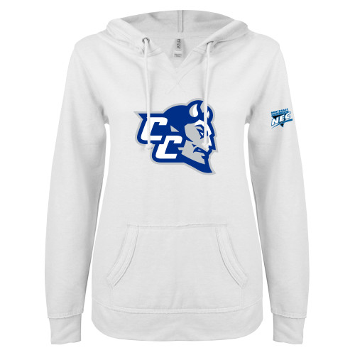 ENZA Womens White V Notch Raw Edge Fleece Hoodie-Northeast Conference Central Connecticut CC Mascot Mark