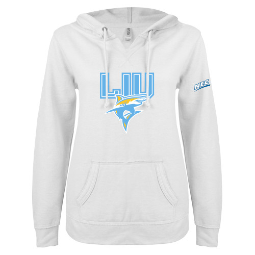 ENZA Womens White V Notch Raw Edge Fleece Hoodie-Northeast Conference Long Island University Primary Mark