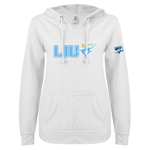 ENZA Womens White V Notch Raw Edge Fleece Hoodie-Northeast Conference Long Island University LIU with Mascot Flat