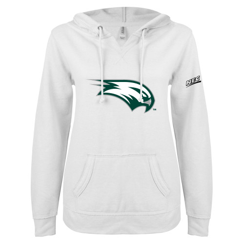 ENZA Womens White V Notch Raw Edge Fleece Hoodie-Northeast Conference Wagner College Mascot Mark
