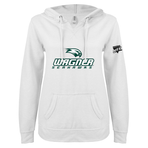 ENZA Womens White V Notch Raw Edge Fleece Hoodie-Northeast Conference Wagner College Wagner Seahawks Stacked Mark