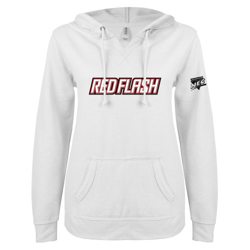 ENZA Womens White V Notch Raw Edge Fleece Hoodie-Northeast Conference Saint Francis University Red Flash Wordmark